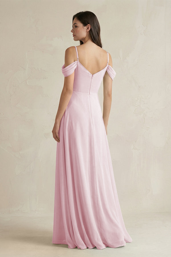 Off - the - Shoulder Chiffon A - Line Bridesmaid Dress in Candy Pink - KissProm Bridesmaid Dresses
