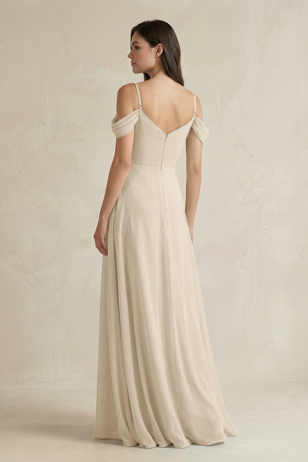 Off - the - Shoulder Chiffon A - Line Bridesmaid Dress in Champagne - KissProm Bridesmaid Dresses