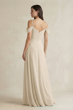 Off - the - Shoulder Chiffon A - Line Bridesmaid Dress in Champagne - KissProm Bridesmaid Dresses