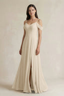 Off - the - Shoulder Chiffon A - Line Bridesmaid Dress in Champagne - KissProm Bridesmaid Dresses