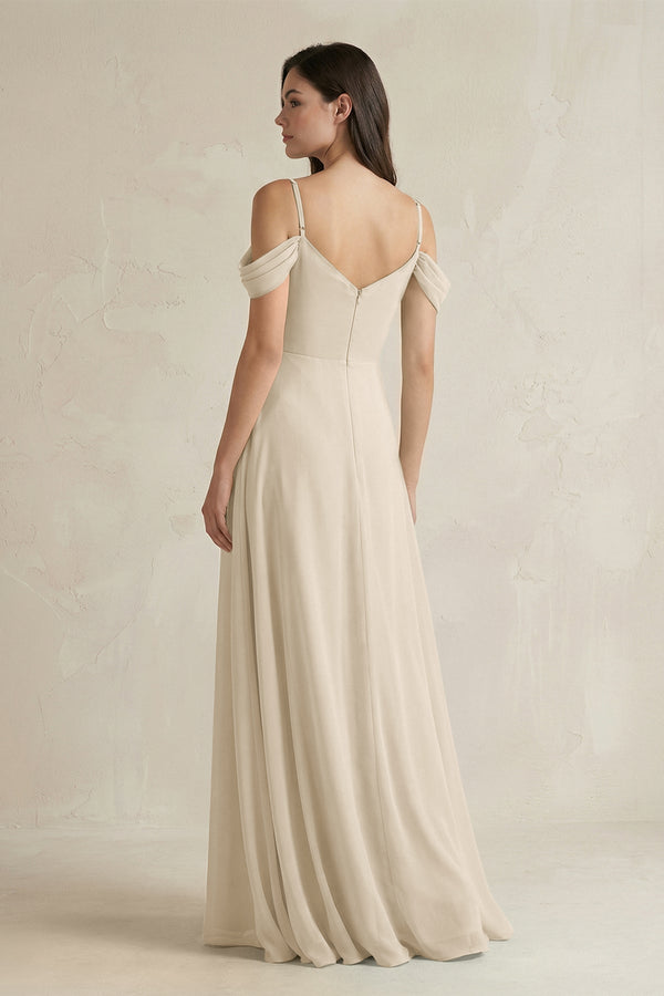 Off - the - Shoulder Chiffon A - Line Bridesmaid Dress in Champagne - KissProm Bridesmaid Dresses