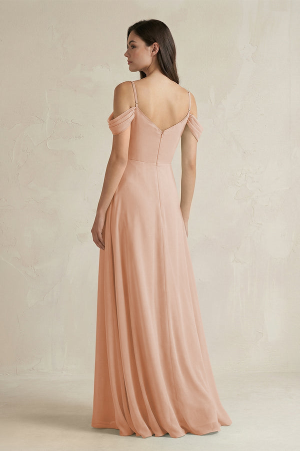 Off - the - Shoulder Chiffon A - Line Bridesmaid Dress in Champagne Rose - KissProm Bridesmaid Dresses