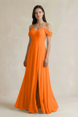 Off - the - Shoulder Chiffon A - Line Bridesmaid Dress in Cinnamon - KissProm Bridesmaid Dresses