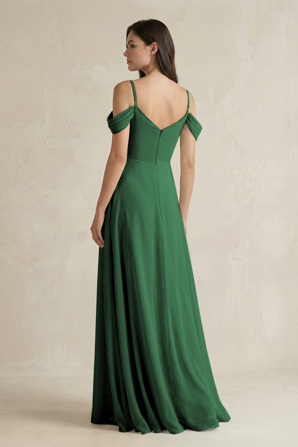 Off - the - Shoulder Chiffon A - Line Bridesmaid Dress in Dark Green - KissProm Bridesmaid Dresses