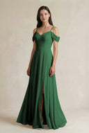 Off - the - Shoulder Chiffon A - Line Bridesmaid Dress in Dark Green - KissProm Bridesmaid Dresses