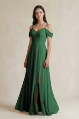 Off - the - Shoulder Chiffon A - Line Bridesmaid Dress in Dark Green - KissProm Bridesmaid Dresses