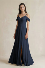 Off - the - Shoulder Chiffon A - Line Bridesmaid Dress in Dark Navy - KissProm Bridesmaid Dresses