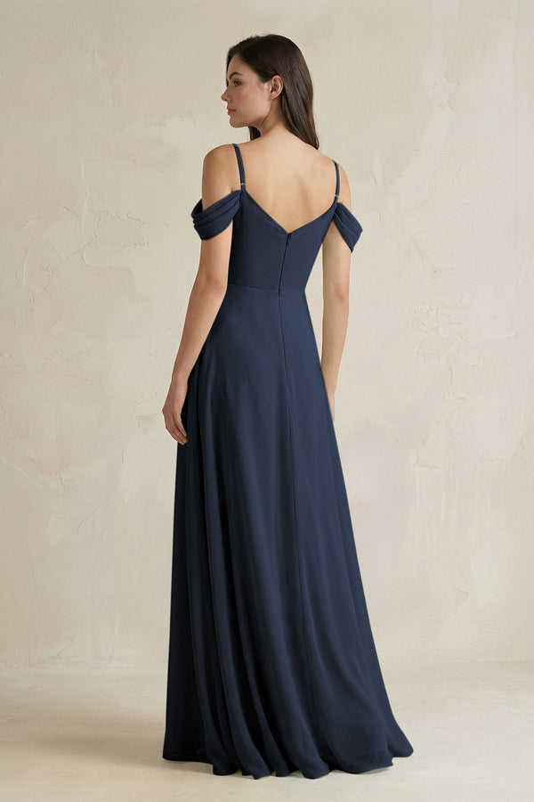Off - the - Shoulder Chiffon A - Line Bridesmaid Dress in Dark Navy - KissProm Bridesmaid Dresses