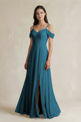 Off - the - Shoulder Chiffon A - Line Bridesmaid Dress in Dark Teal - KissProm Bridesmaid Dresses
