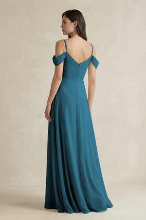 Off - the - Shoulder Chiffon A - Line Bridesmaid Dress in Dark Teal - KissProm Bridesmaid Dresses