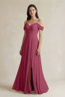 Off - the - Shoulder Chiffon A - Line Bridesmaid Dress in Desert Rose - KissProm Bridesmaid Dresses