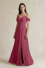 Off - the - Shoulder Chiffon A - Line Bridesmaid Dress in Desert Rose - KissProm Bridesmaid Dresses