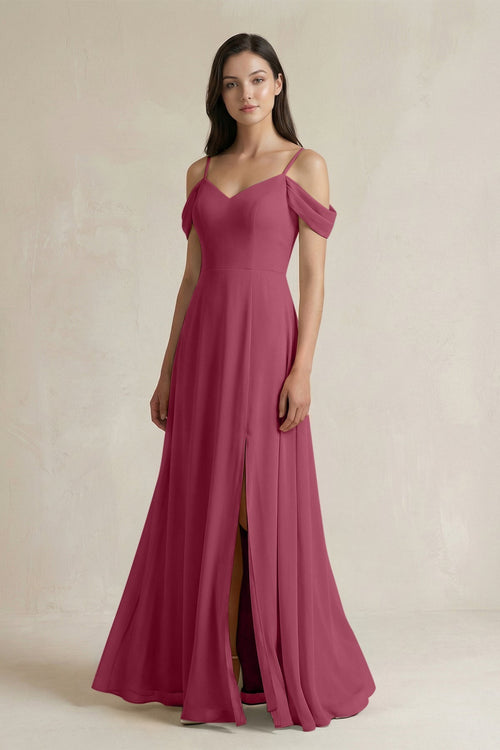 Off - the - Shoulder Chiffon A - Line Bridesmaid Dress in Desert Rose - KissProm Bridesmaid Dresses