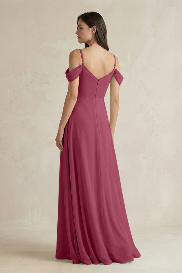 Off - the - Shoulder Chiffon A - Line Bridesmaid Dress in Desert Rose - KissProm Bridesmaid Dresses