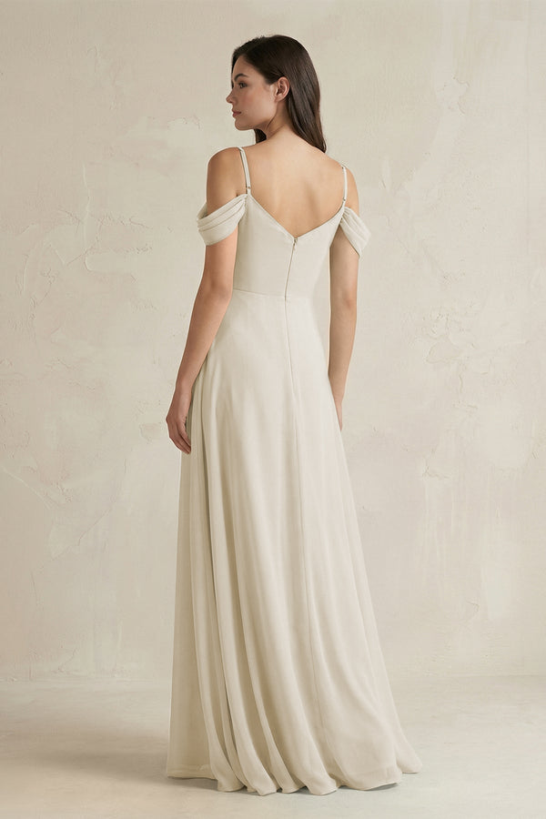 Off - the - Shoulder Chiffon A - Line Bridesmaid Dress in Dove Gray - KissProm Bridesmaid Dresses