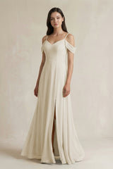 Off - the - Shoulder Chiffon A - Line Bridesmaid Dress in Dove Gray - KissProm Bridesmaid Dresses