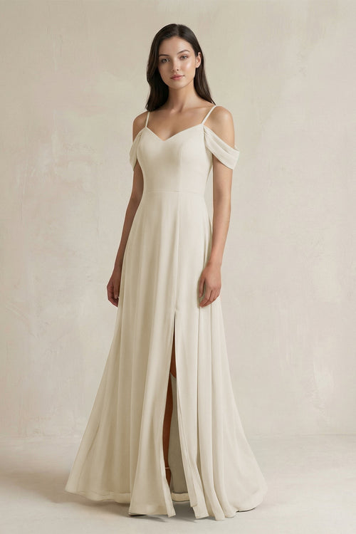 Off - the - Shoulder Chiffon A - Line Bridesmaid Dress in Dove Gray - KissProm Bridesmaid Dresses