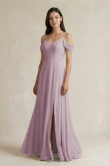 Off - the - Shoulder Chiffon A - Line Bridesmaid Dress in Dusk - KissProm Bridesmaid Dresses