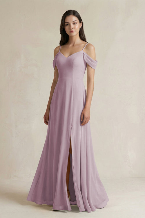 Off - the - Shoulder Chiffon A - Line Bridesmaid Dress in Dusk - KissProm Bridesmaid Dresses