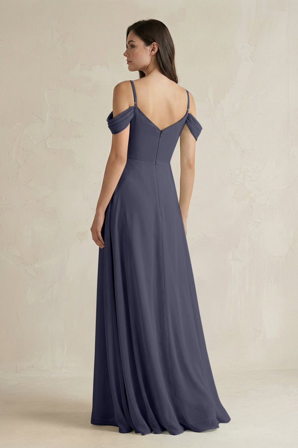 Off - the - Shoulder Chiffon A - Line Bridesmaid Dress in Dusk Blue - KissProm Bridesmaid Dresses