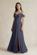 Off - the - Shoulder Chiffon A - Line Bridesmaid Dress in Dusk Blue - KissProm Bridesmaid Dresses
