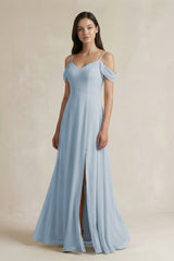 Off - the - Shoulder Chiffon A - Line Bridesmaid Dress in Dusty Blue - KissProm Bridesmaid Dresses