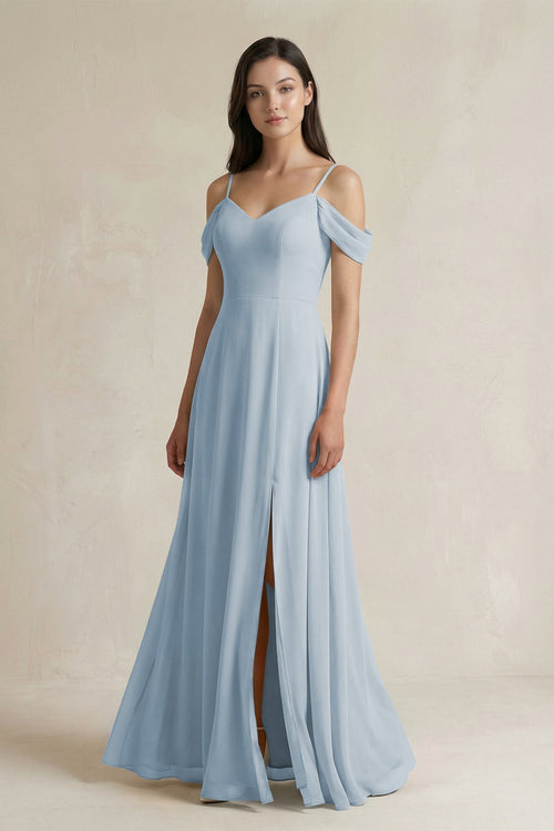 Off - the - Shoulder Chiffon A - Line Bridesmaid Dress in Dusty Blue - KissProm Bridesmaid Dresses
