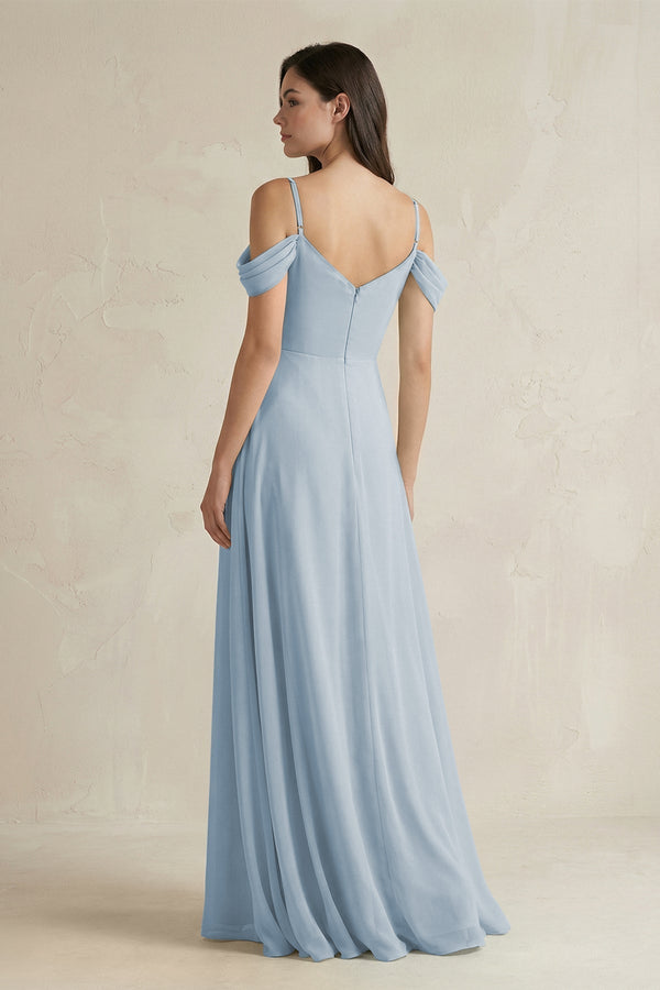 Off - the - Shoulder Chiffon A - Line Bridesmaid Dress in Dusty Blue - KissProm Bridesmaid Dresses