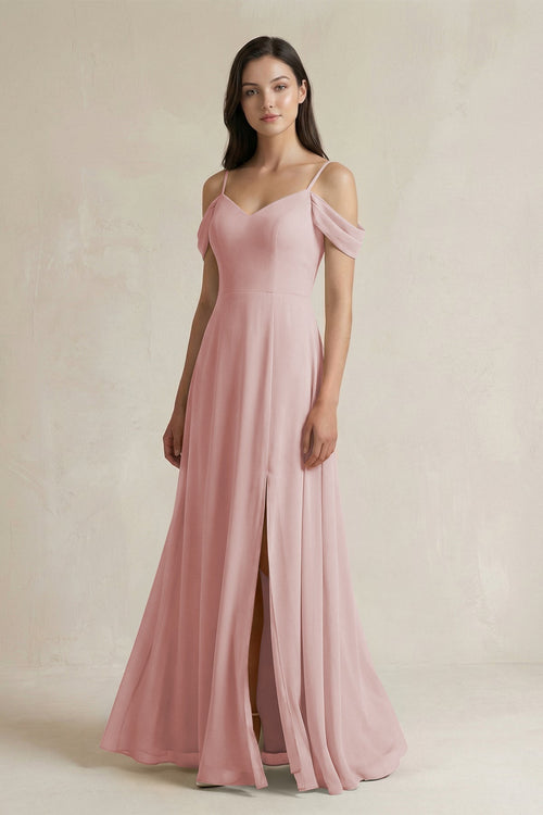 Off - the - Shoulder Chiffon A - Line Bridesmaid Dress in Dusty Rose - KissProm Bridesmaid Dresses