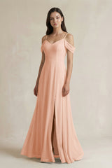 Off - the - Shoulder Chiffon A - Line Bridesmaid Dress in English Rose - KissProm Bridesmaid Dresses
