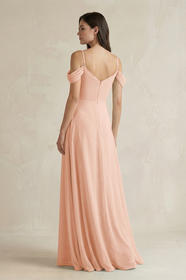 Off - the - Shoulder Chiffon A - Line Bridesmaid Dress in English Rose - KissProm Bridesmaid Dresses