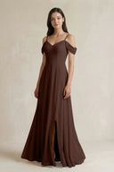 Off - the - Shoulder Chiffon A - Line Bridesmaid Dress in Espresso - KissProm Bridesmaid Dresses