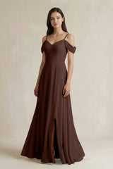 Off - the - Shoulder Chiffon A - Line Bridesmaid Dress in Espresso - KissProm Bridesmaid Dresses
