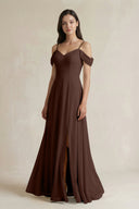 Off - the - Shoulder Chiffon A - Line Bridesmaid Dress in Espresso - KissProm Bridesmaid Dresses