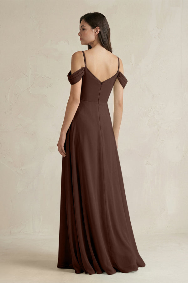 Off - the - Shoulder Chiffon A - Line Bridesmaid Dress in Espresso - KissProm Bridesmaid Dresses
