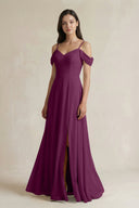 Off - the - Shoulder Chiffon A - Line Bridesmaid Dress in Fig - KissProm Bridesmaid Dresses