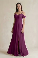 Off - the - Shoulder Chiffon A - Line Bridesmaid Dress in Fig - KissProm Bridesmaid Dresses