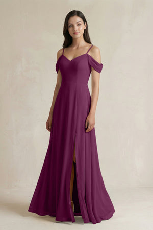 Off - the - Shoulder Chiffon A - Line Bridesmaid Dress in Fig - KissProm Bridesmaid Dresses