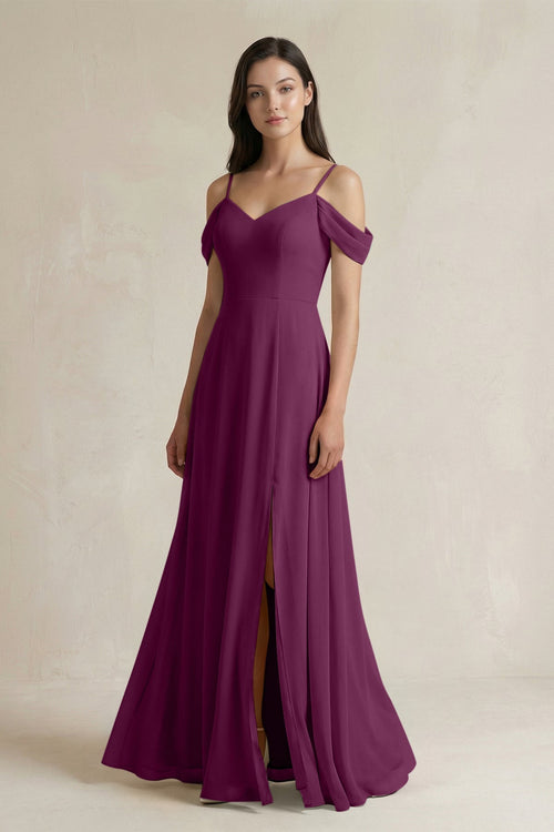 Off - the - Shoulder Chiffon A - Line Bridesmaid Dress in Fig - KissProm Bridesmaid Dresses