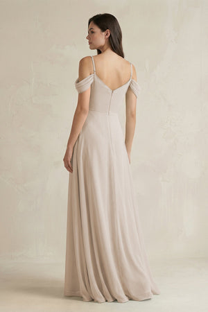 Off - the - Shoulder Chiffon A - Line Bridesmaid Dress in Frost - KissProm Bridesmaid Dresses