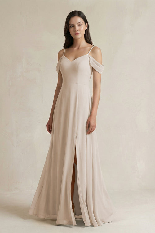 Off - the - Shoulder Chiffon A - Line Bridesmaid Dress in Frost - KissProm Bridesmaid Dresses