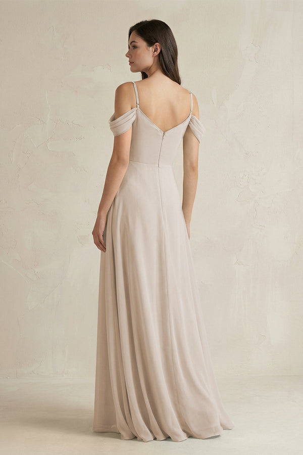 Off - the - Shoulder Chiffon A - Line Bridesmaid Dress in Frost - KissProm Bridesmaid Dresses