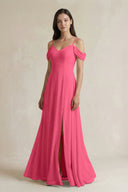 Off - the - Shoulder Chiffon A - Line Bridesmaid Dress in Fuchsia - KissProm Bridesmaid Dresses