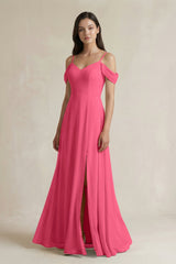 Off - the - Shoulder Chiffon A - Line Bridesmaid Dress in Fuchsia - KissProm Bridesmaid Dresses