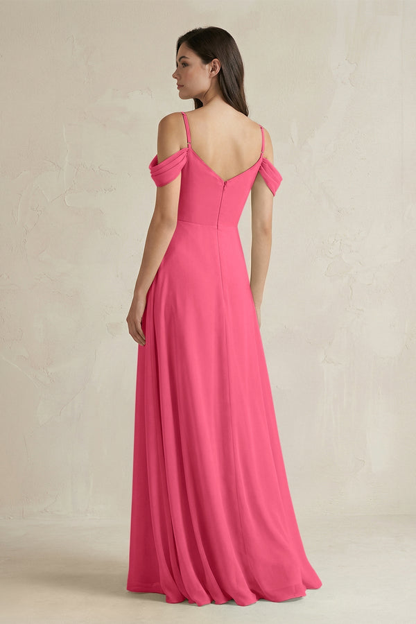 Off - the - Shoulder Chiffon A - Line Bridesmaid Dress in Fuchsia - KissProm Bridesmaid Dresses