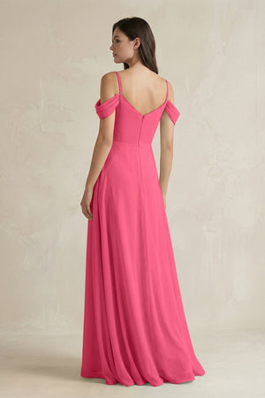 Off - the - Shoulder Chiffon A - Line Bridesmaid Dress in Fuchsia - KissProm Bridesmaid Dresses