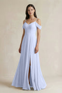 Off - the - Shoulder Chiffon A - Line Bridesmaid Dress in Ice - KissProm Bridesmaid Dresses