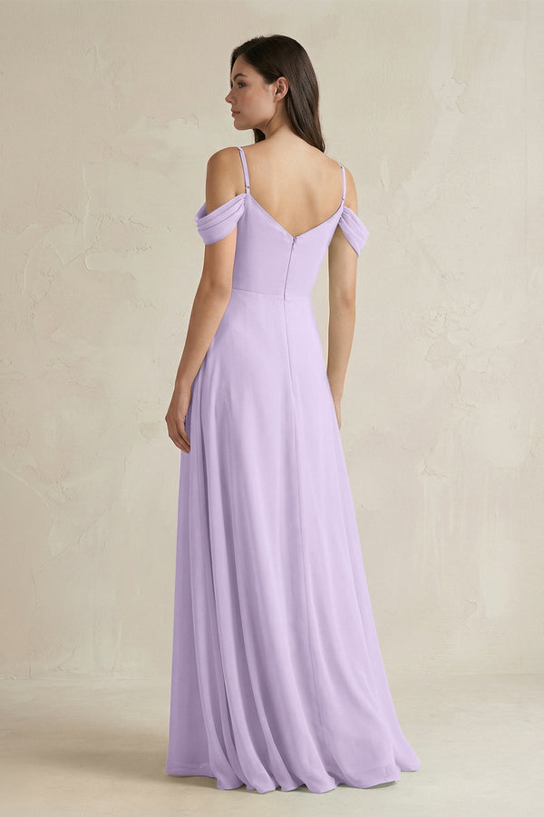 Off - the - Shoulder Chiffon A - Line Bridesmaid Dress in Lavender - KissProm Bridesmaid Dresses