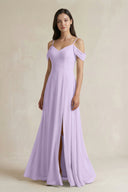 Off - the - Shoulder Chiffon A - Line Bridesmaid Dress in Lavender - KissProm Bridesmaid Dresses