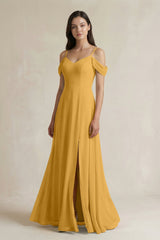 Off - the - Shoulder Chiffon A - Line Bridesmaid Dress in Marigold - KissProm Bridesmaid Dresses